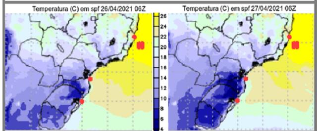 Temperatura estimada para 3h (Brasília) de 26/4/2021 e para 3h (Brasília) de 27/4/2021