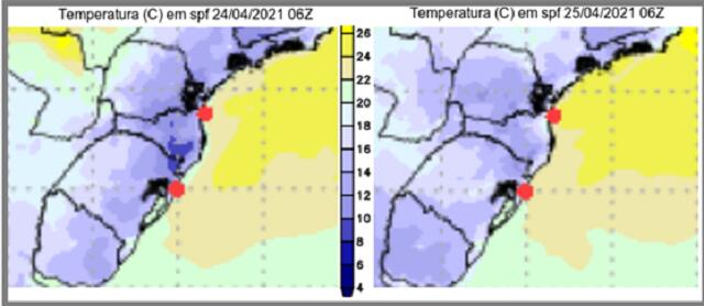 Temperatura mínima estimada para os dias 24 e 25 de abril de 2021: quanto mais escuro o tom de azul, mais baixa a temperatura